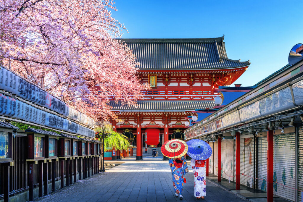 Asian woman wearing japanese traditional kimono at Temple in Tokyo, Japan.